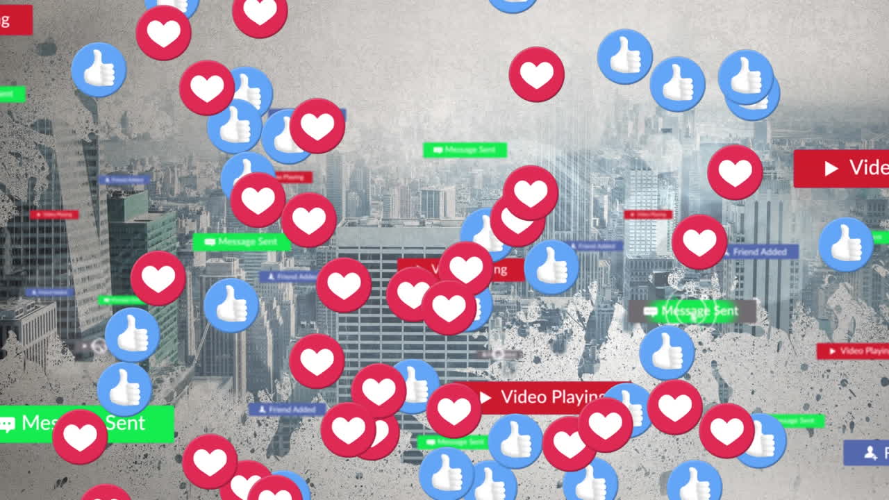 도시 풍경 위에 떨어지는 소셜 미디어 아이콘과 이모티콘의 애니메이션