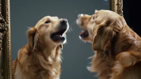 a golden retriever gazes curiously at its reflection in a mirror, capturing a moment of self-recognition and canine wonder in a softly lit setting