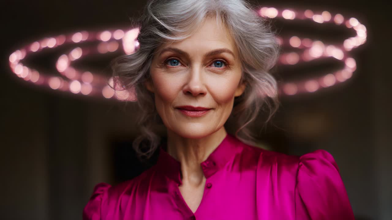 Un ritratto accattivante di una donna matura con capelli argentei che indossa una vivace camicetta rosa, circondata da aureole di luce soffuse, che trasuda eleganza e fascino in un'atmosfera splendidamente attenuata