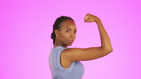 strong, muscle flex and black woman isolated