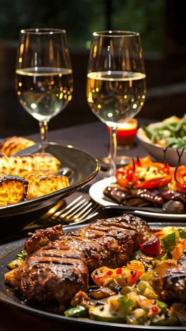enjoying a festive dinner with grilled steaks and fresh vegetables