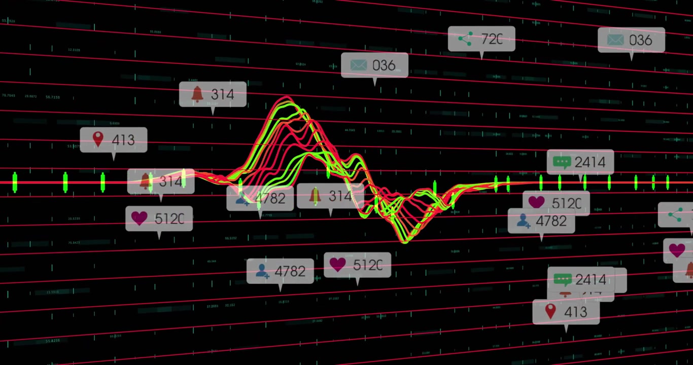 Dynamic Digital Data Graph with Social Media Engagement Icons