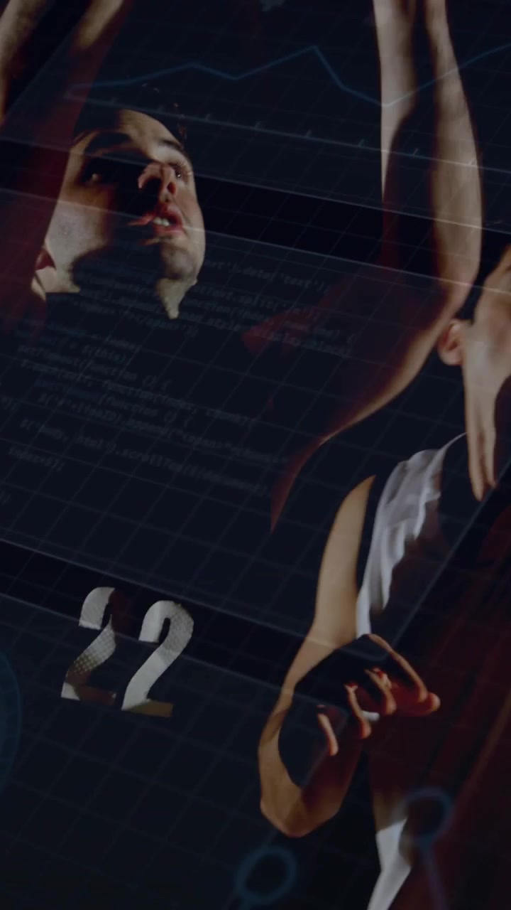 Vertical video: Two players raising, contesting on ball entry, sports data covering players, rim