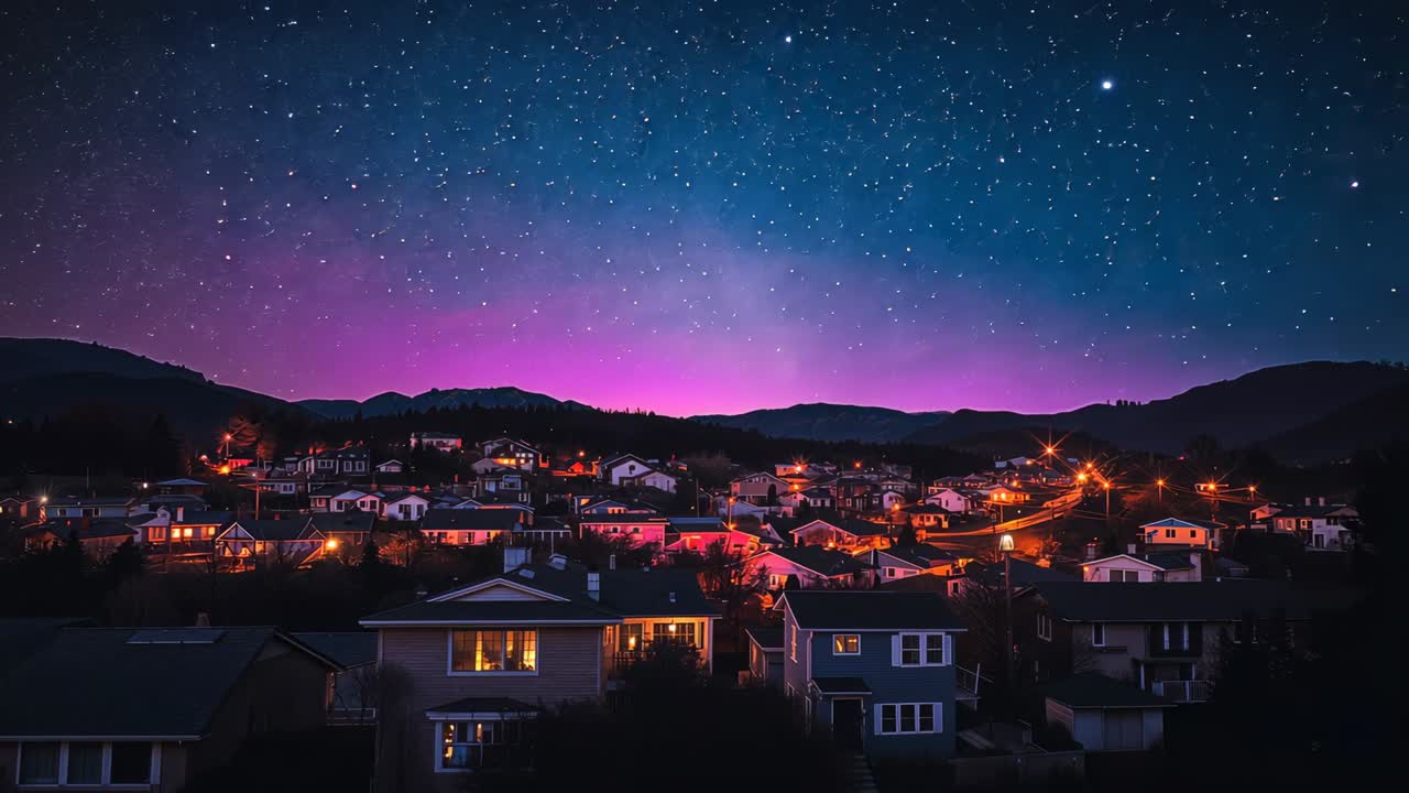 Fotocamera che cattura una città collinare di notte con finestre illuminate, lampioni e stelle sopra il bagliore dell'orizzonte