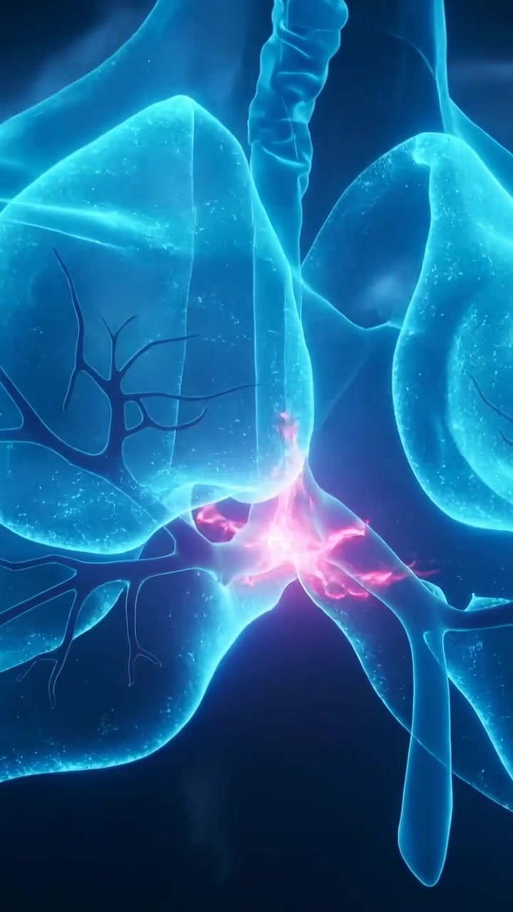 Vertical video: Animating lungs in 3D view pink spot appearing moving to airway split to diagnose