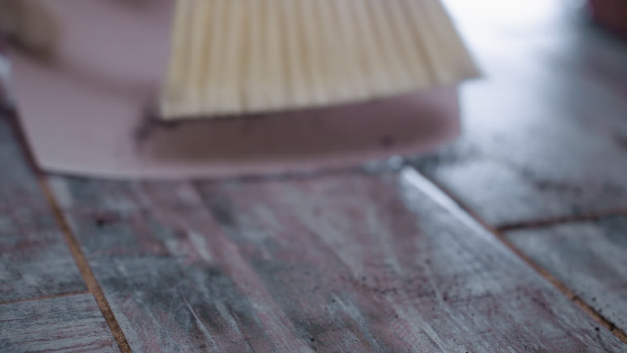 Close up view of hand using brush to pack dark potting soil into dustpan on tiled floor, highlighting detailed cleaning motion and careful debris collection in cozy indoor environment
