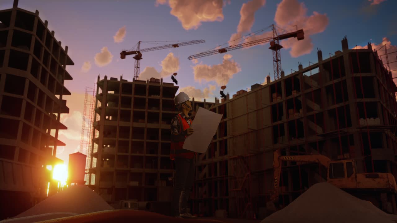 Construction Site Engineer Reviewing Plans During Sunset