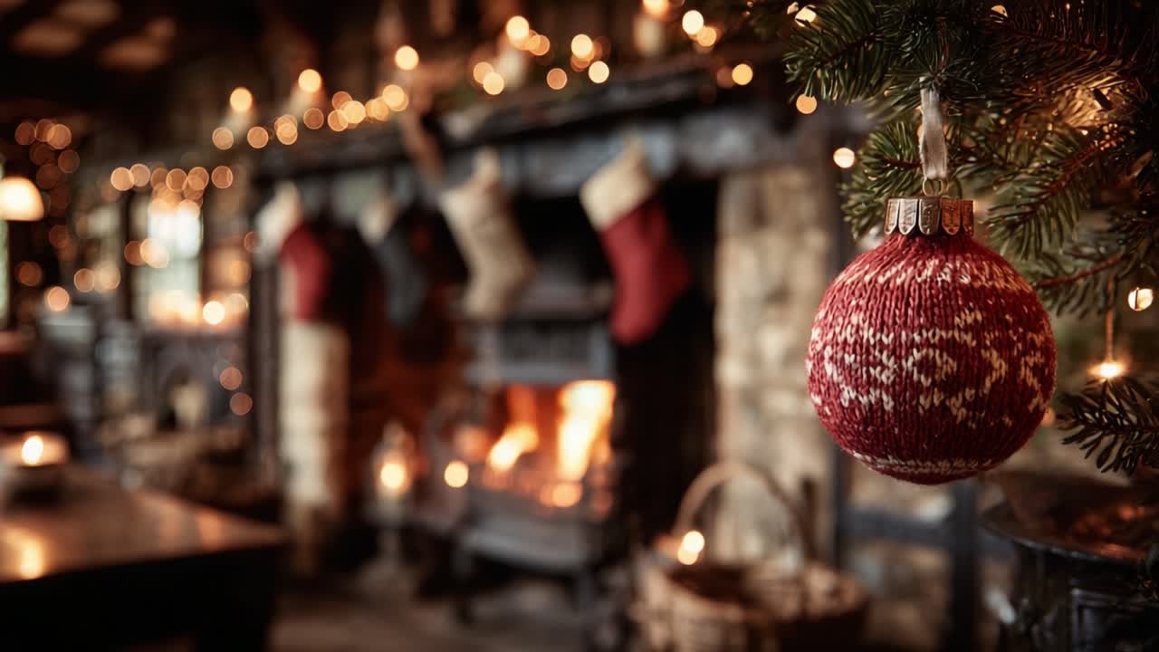 Cozy Christmas Atmosphere with a Decorative Bauble and Flickering Fireplace Glow Embellished by Warm Holiday Lights and Stockings Hanging Cheerfully by the Hearth