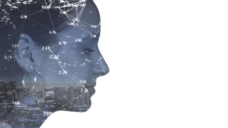 animation of network of connections over woman face isolated on white