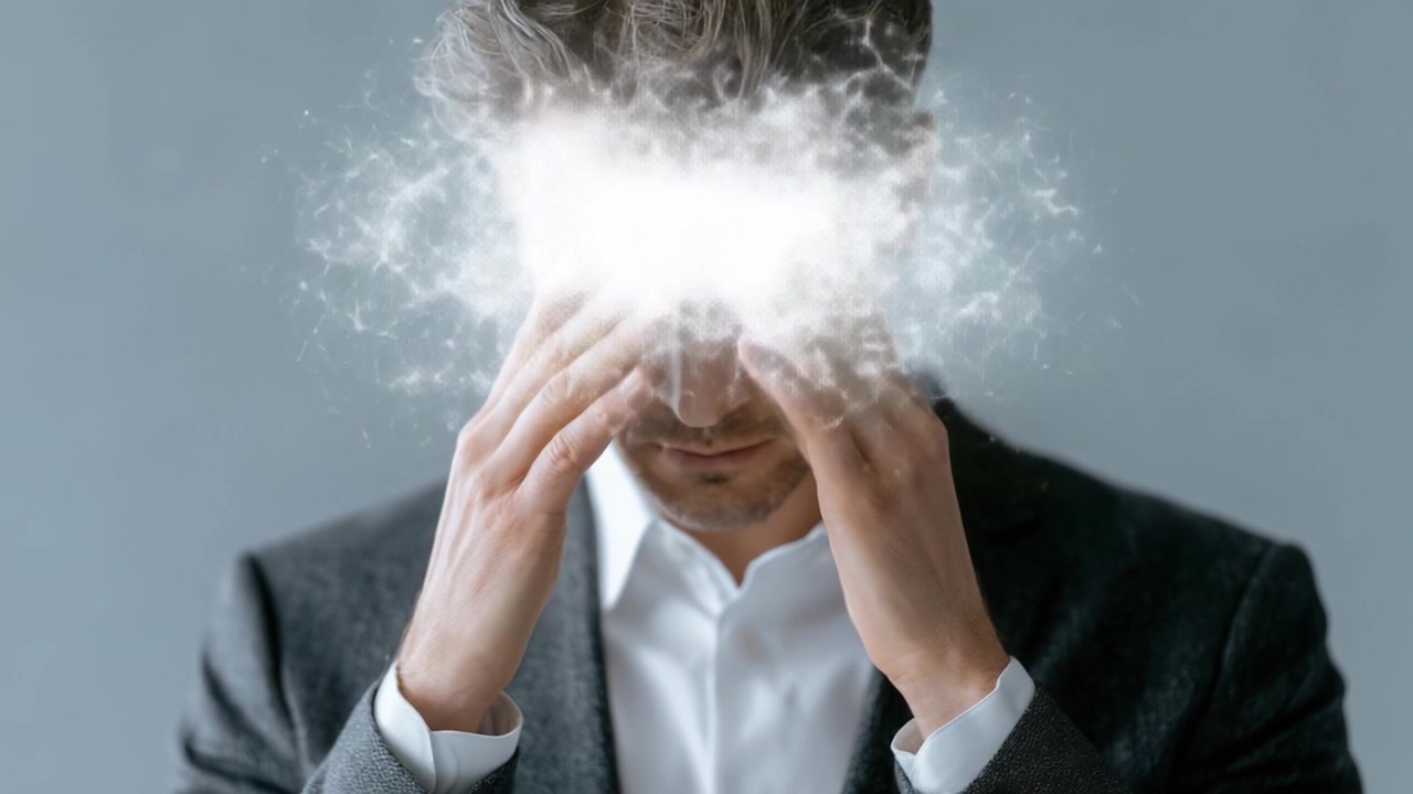 Et portræt af frustration: En mands tavse kamp, der viser følelsesmæssig uro og mental overbelastning med en surrealistisk visuel fremstilling af stress