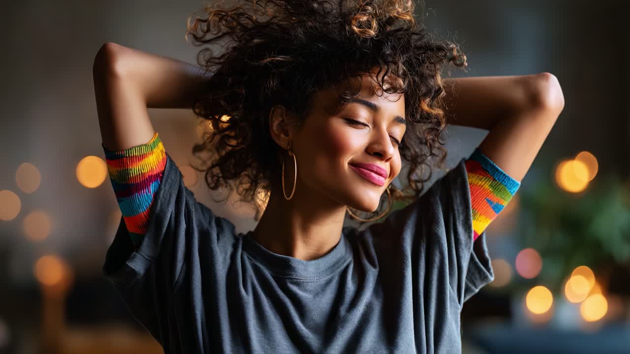 Joyful Woman with Curly Hair Enjoying a Moment of Relaxation and Contentment in a Cozy, Warmly Lit Environment with Soft Bokeh Effects in the Background