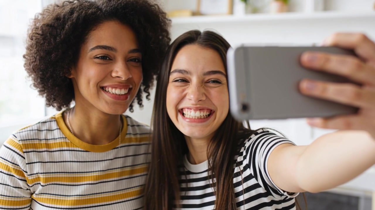 Con il braccio teso, due donne con magliette a righe si scattano selfie con il telefono per immortalare il momento, a casa.