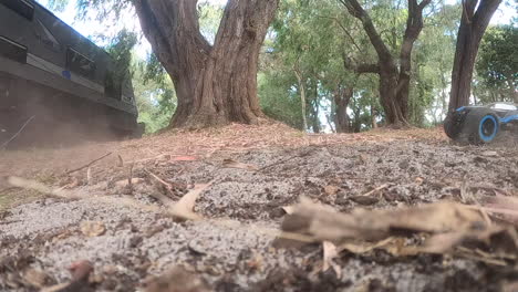 Remote controlled car spinning in the dirt around and around