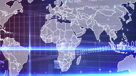 Animation-of-map-over-binary-codes,-computer-language,-graphs,-trading-boards-on-abstract-background