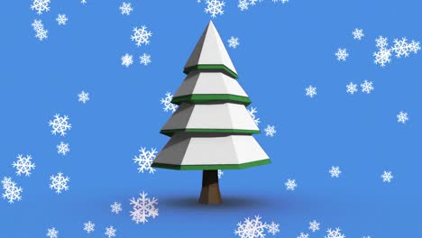 Animation-of-snow-falling-over-christmas-tree-on-blue-background