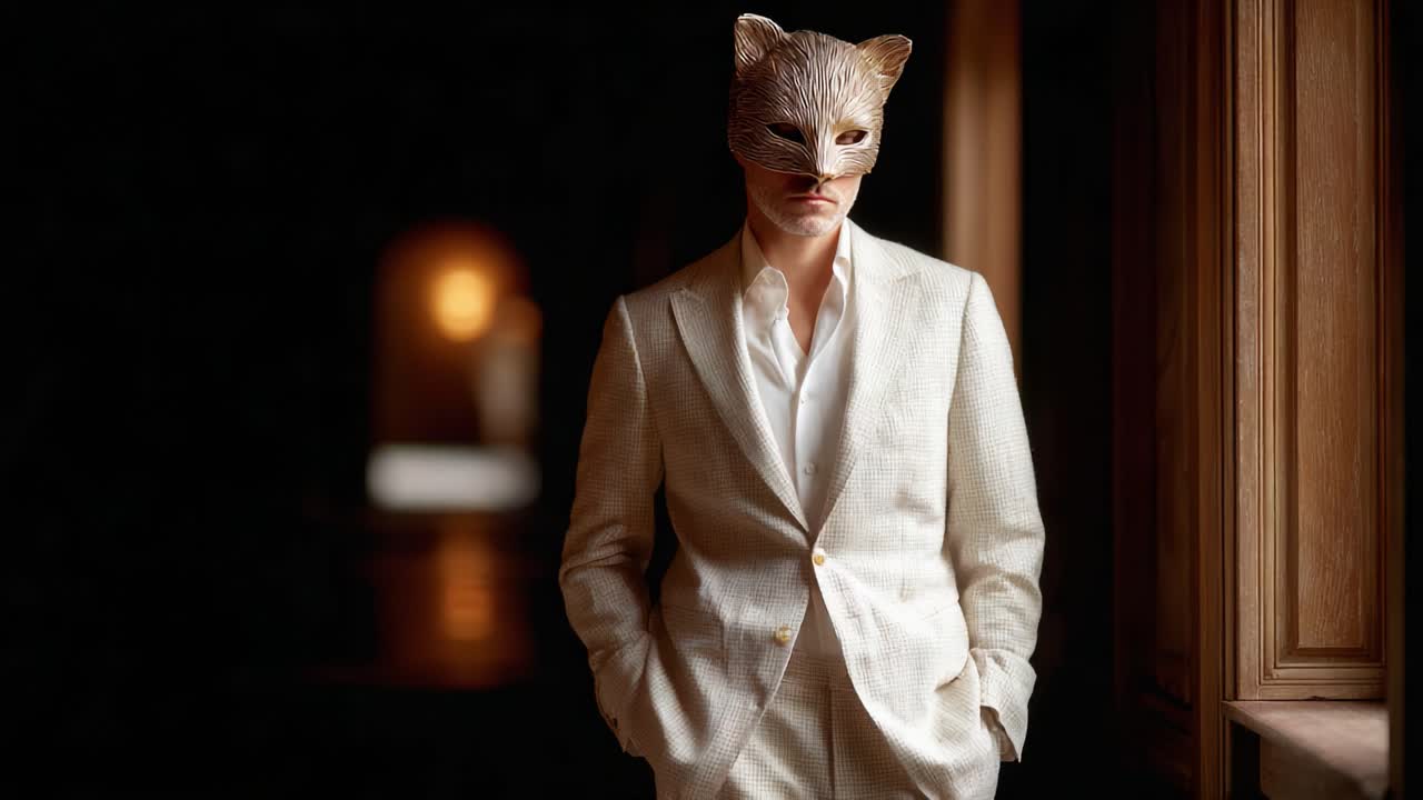 A Mysterious Figure in a Cat Mask Stands Elegantly by a Luminous Window, Emphasizing Intrigue and Eccentricity with a Fashionable Touch
