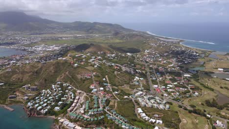 aerial view overlooking island of st kitts in saint kitts and nevis - high angle, panoramic, drone shot