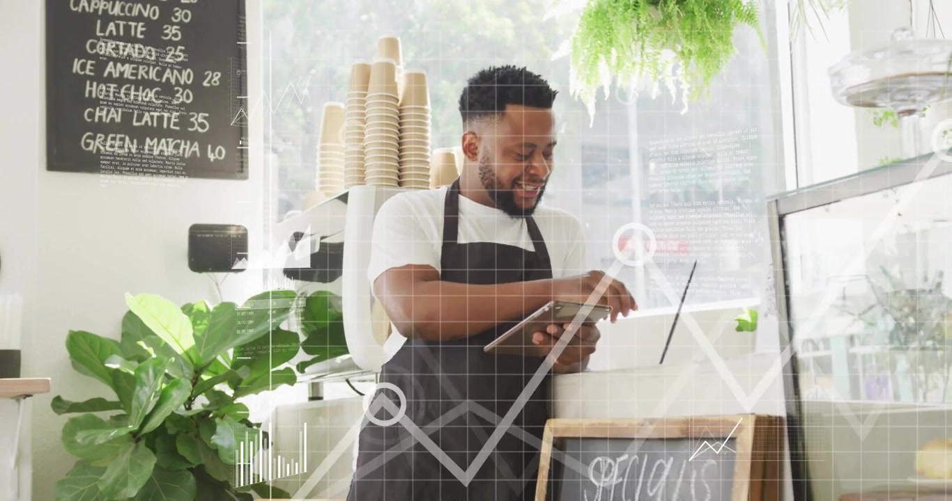 Cafe barista tapping tablet causing animated chart, typing on laptop, reaching case, closing sale