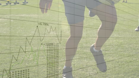 financial data and stock market animation over soccer players on field