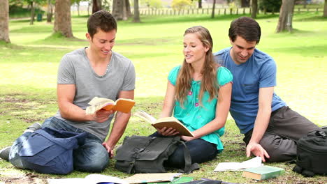 three friends talking and laughing as they study books while sitting in a park