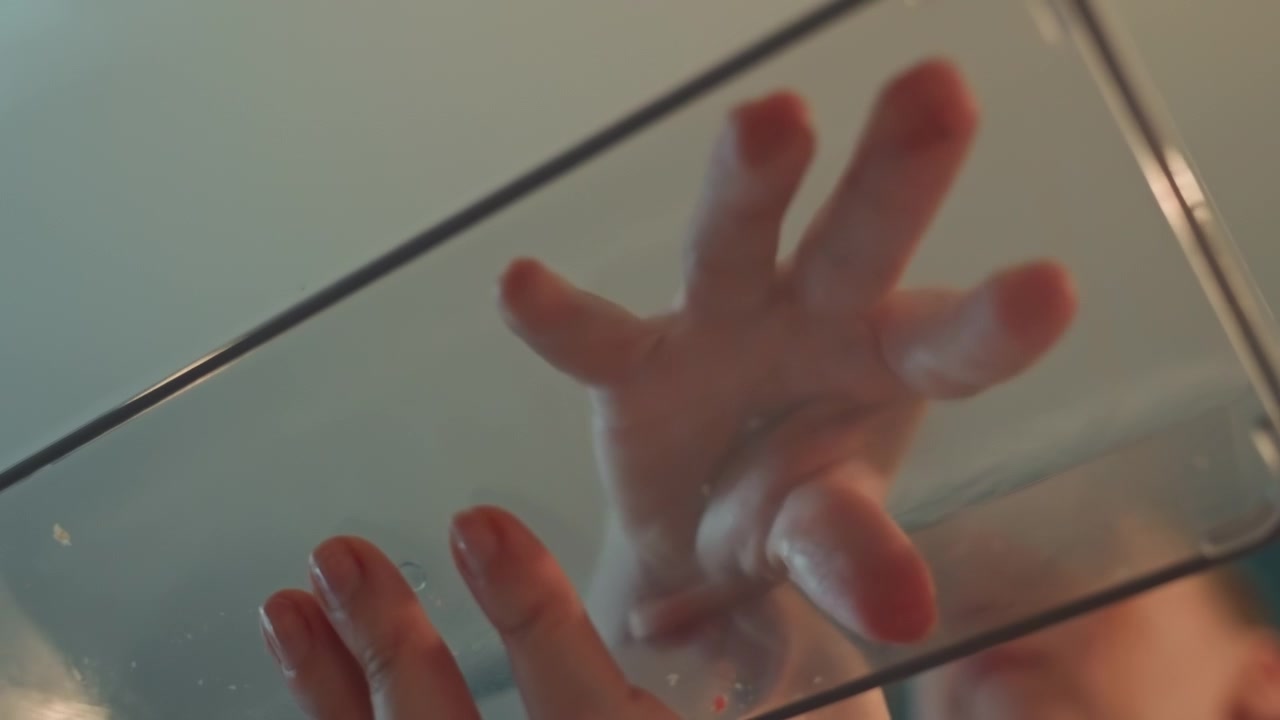Close up of hands interacting with transparent rectangular objects reflecting light. Hands move gently over glass or plastic surfaces creating ripples. Teal wall background visible