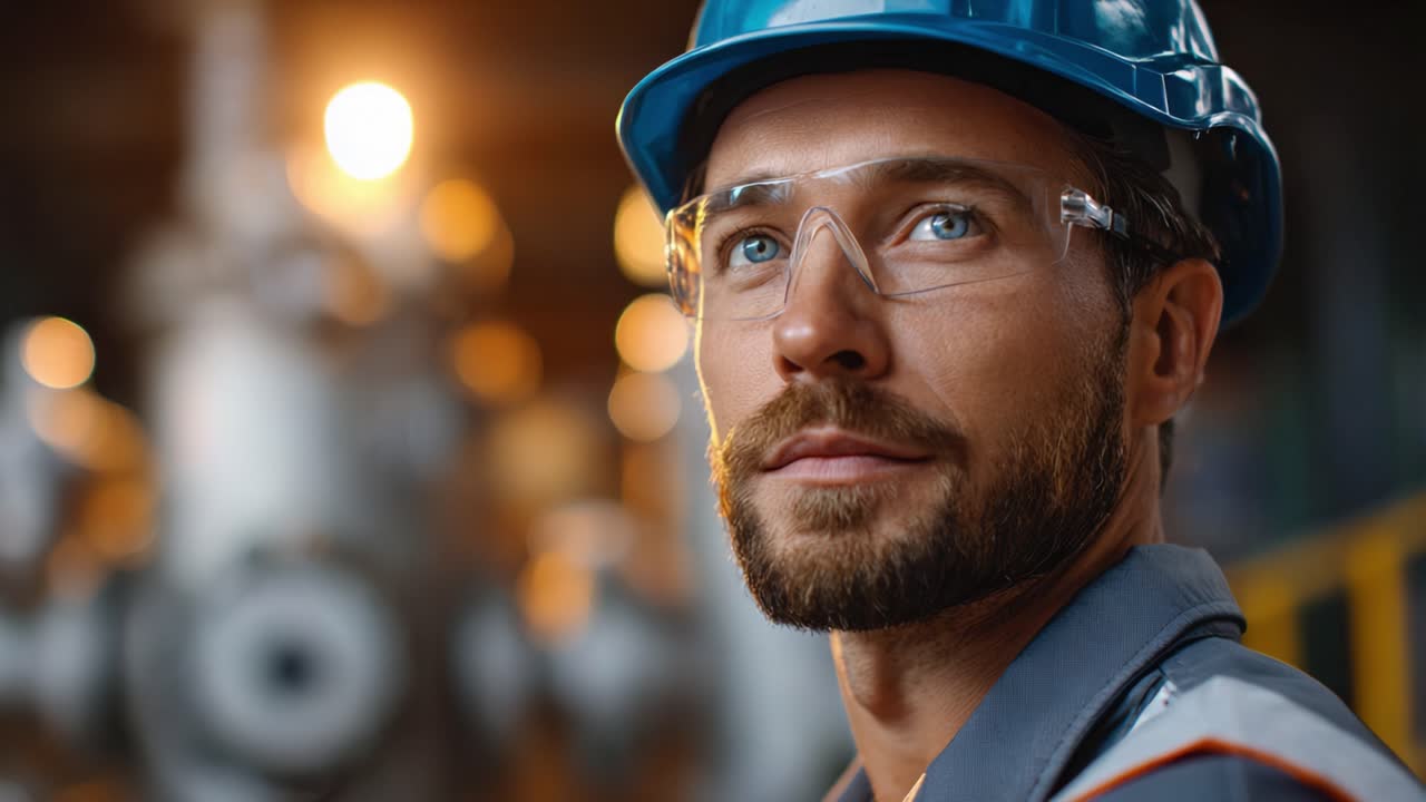 Fokuseret arbejder iført sikkerhedsudstyr og hjelm i industrielle omgivelser, ser beslutsomt og selvsikkert fremad mod en baggrund af oplyst maskineri