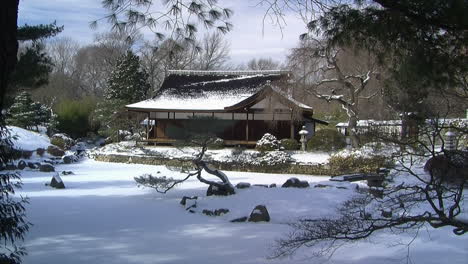 japanese house and frozen pond in winter