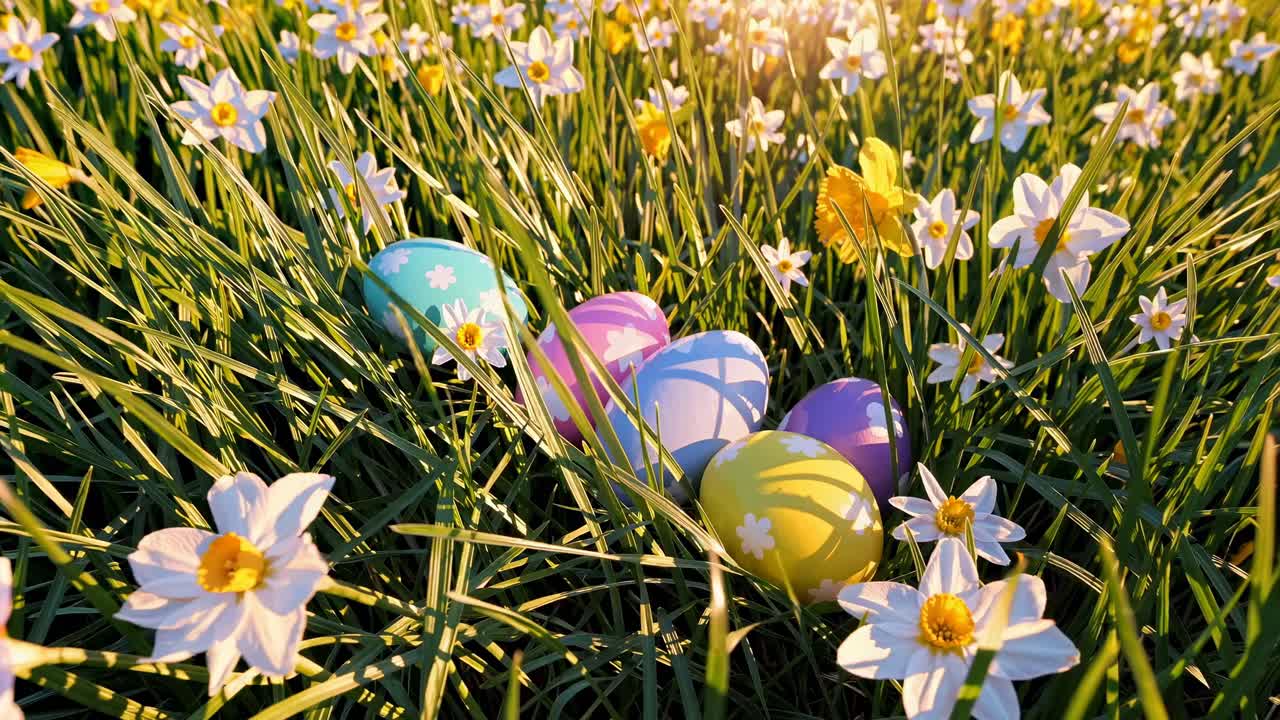 Low-angle video shot of colorful Easter eggs nestled among vibrant daffodils in a sunlit meadow