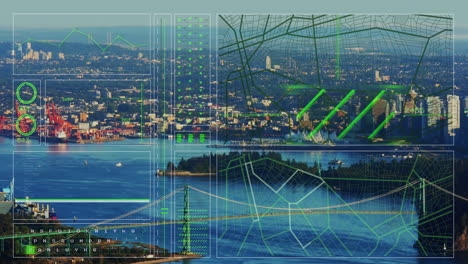 animación de la interfaz con el procesamiento de datos frente a una vista aérea del mar y el paisaje urbano