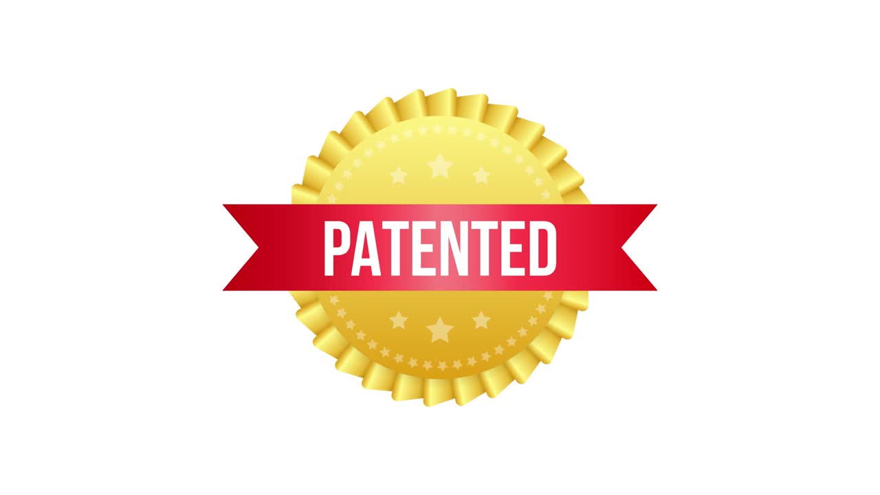 Gold patented label on red ribbon on white background. Motion graphics.