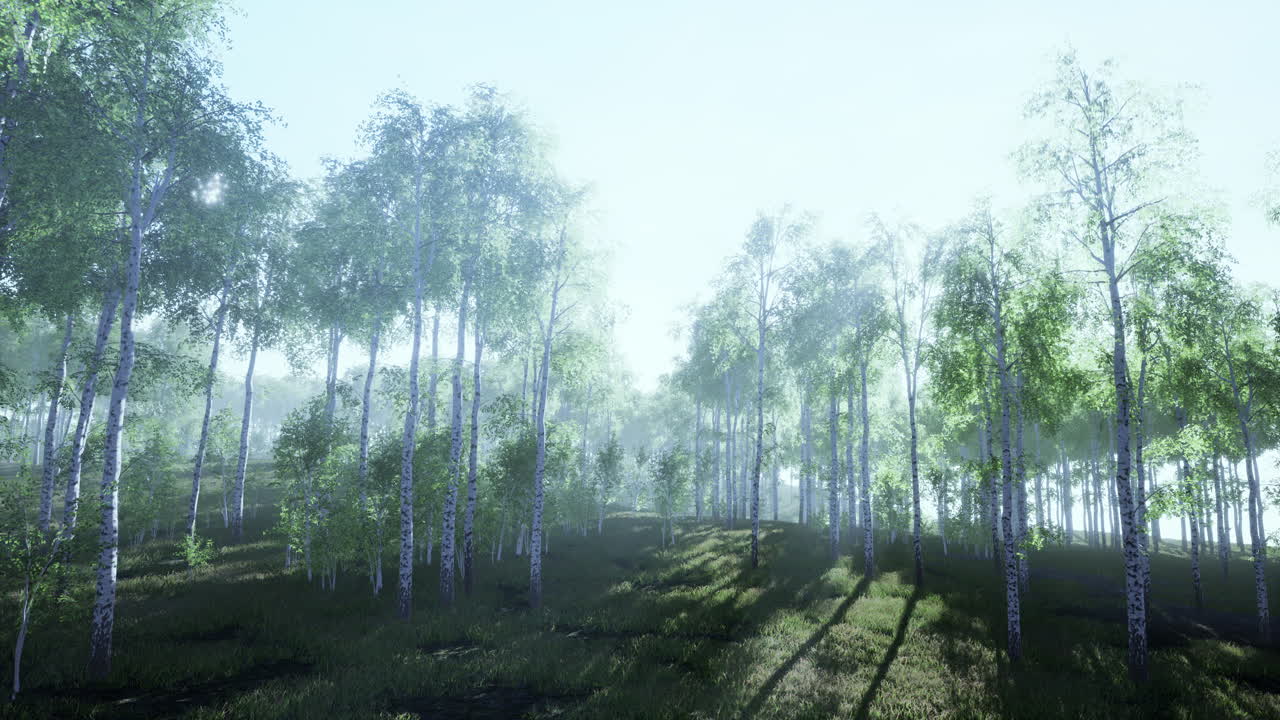 Birches with green leaves sway in the strong wind