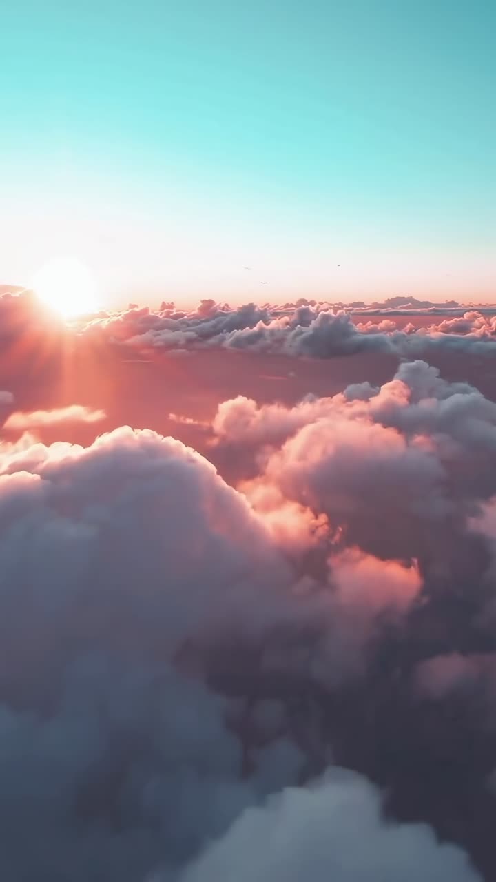 Vista aerea di un tramonto sereno sopra nuvole soffici, che cattura una scena di cielo tranquilla.