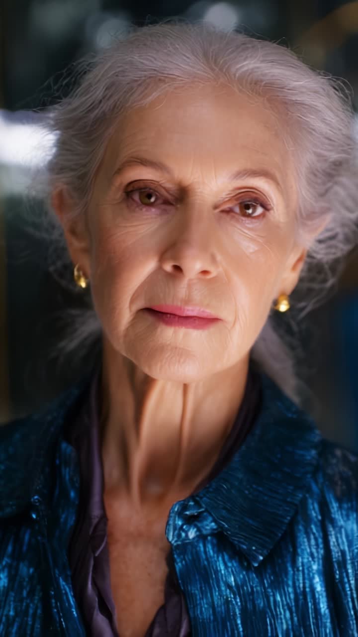 A Portrait of Graceful Aging: The Poise and Essence of an Elegant Woman with Silver Hair in a Stunning Blue Ensemble, Captured in a Moment of Reflection