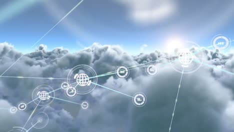 Animation-of-networks-of-connections-with-icons-over-sky