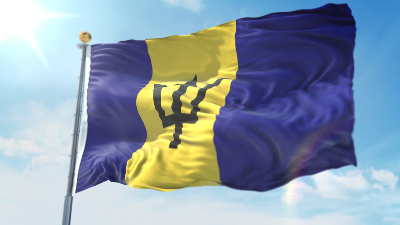 4k ilustración 3d de la bandera ondeante en un poste del país barbados