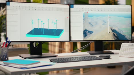 wind turbine simulation on pc screens in research and development office