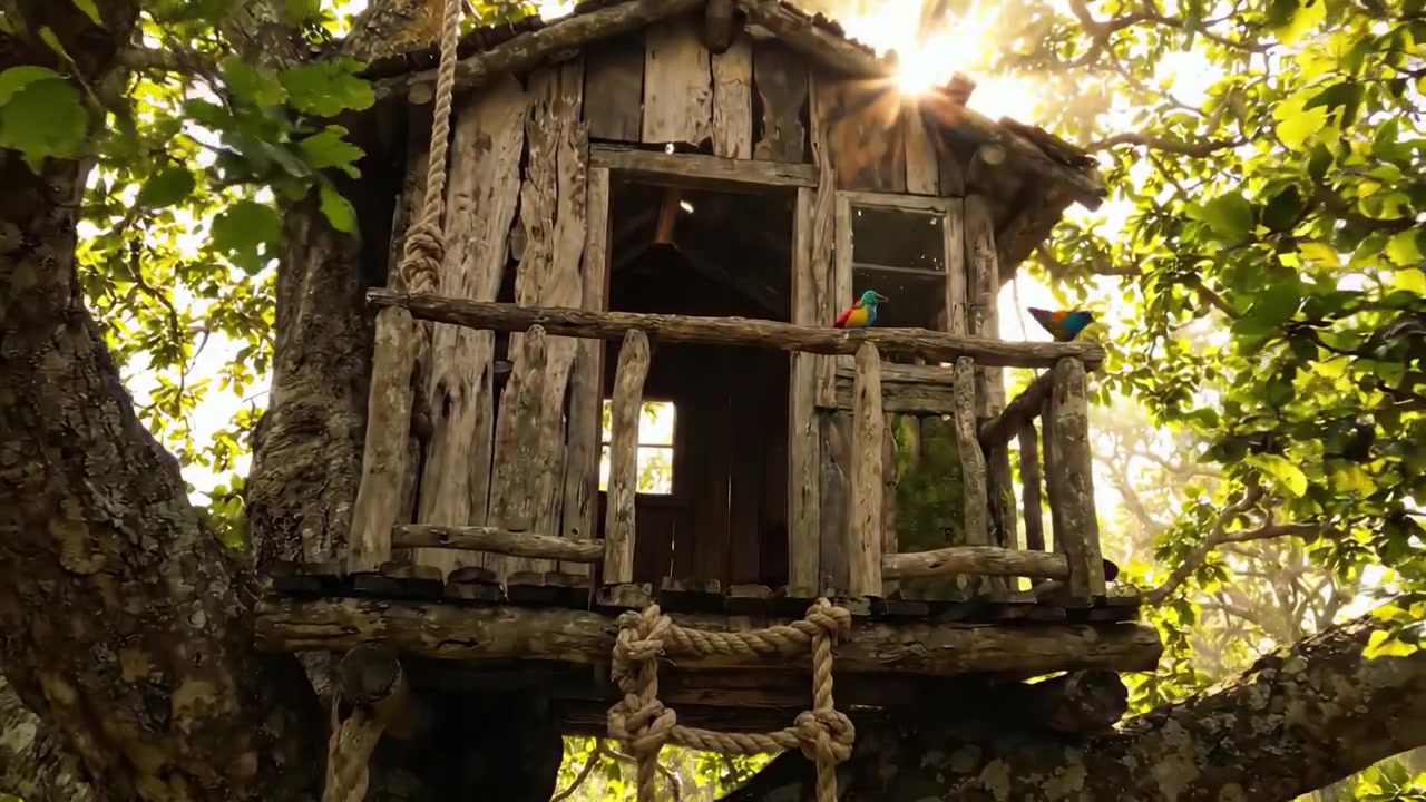 Charming Treehouse Nestled Among Lush Green Foliage, Emitting Warm Light and Hosting Colorful Birds While Offering a Magical Outdoor Retreat for Adventurers.