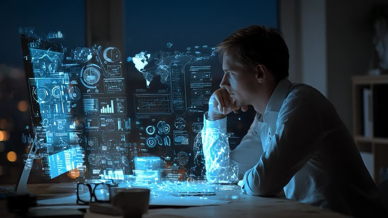 Young professional working late on innovative tech projects in office