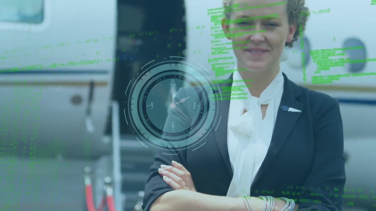 animación de reloj y procesamiento de datos sobre mujer de negocios caucásica y avión