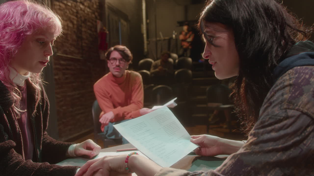 Actresses Reading Scripts and Playing Roles on Theater Rehearsal