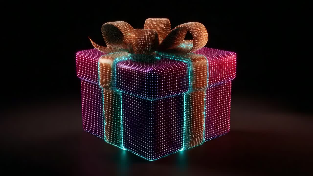 A Stunning 3D Render of a Gift Box Wrapped in a Colorful Shimmering Light Pattern, Featuring a Glittering Ribbon and Bow, Set Against a Dark Background for Maximum Visual Impact