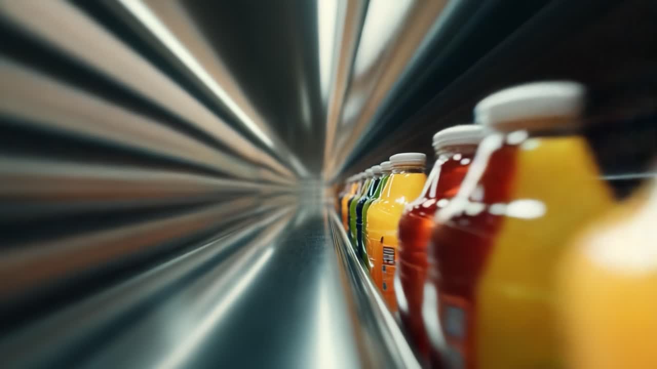 A dynamic view of a colorful beverage display, showcasing an array of vibrant bottles lined up on a sleek metallic shelf, highlighting the variety and allure of refreshing drinks