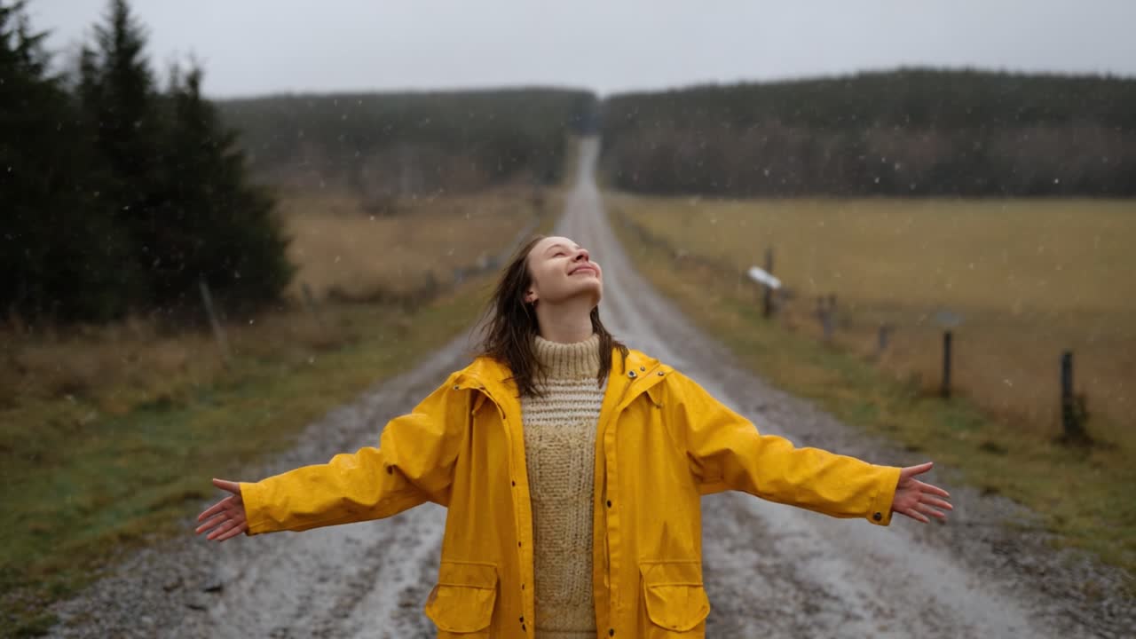 Embracing Nature: A Joyful Moment of Freedom on a Rainy Day in the Countryside as a Young Woman Enjoys the Falling Snow in Her Bright Yellow Jacket