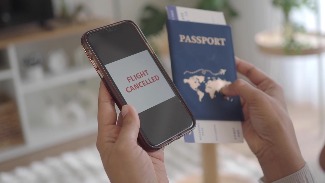 Person holder smartphone med meddelelse om aflyst fly og pas