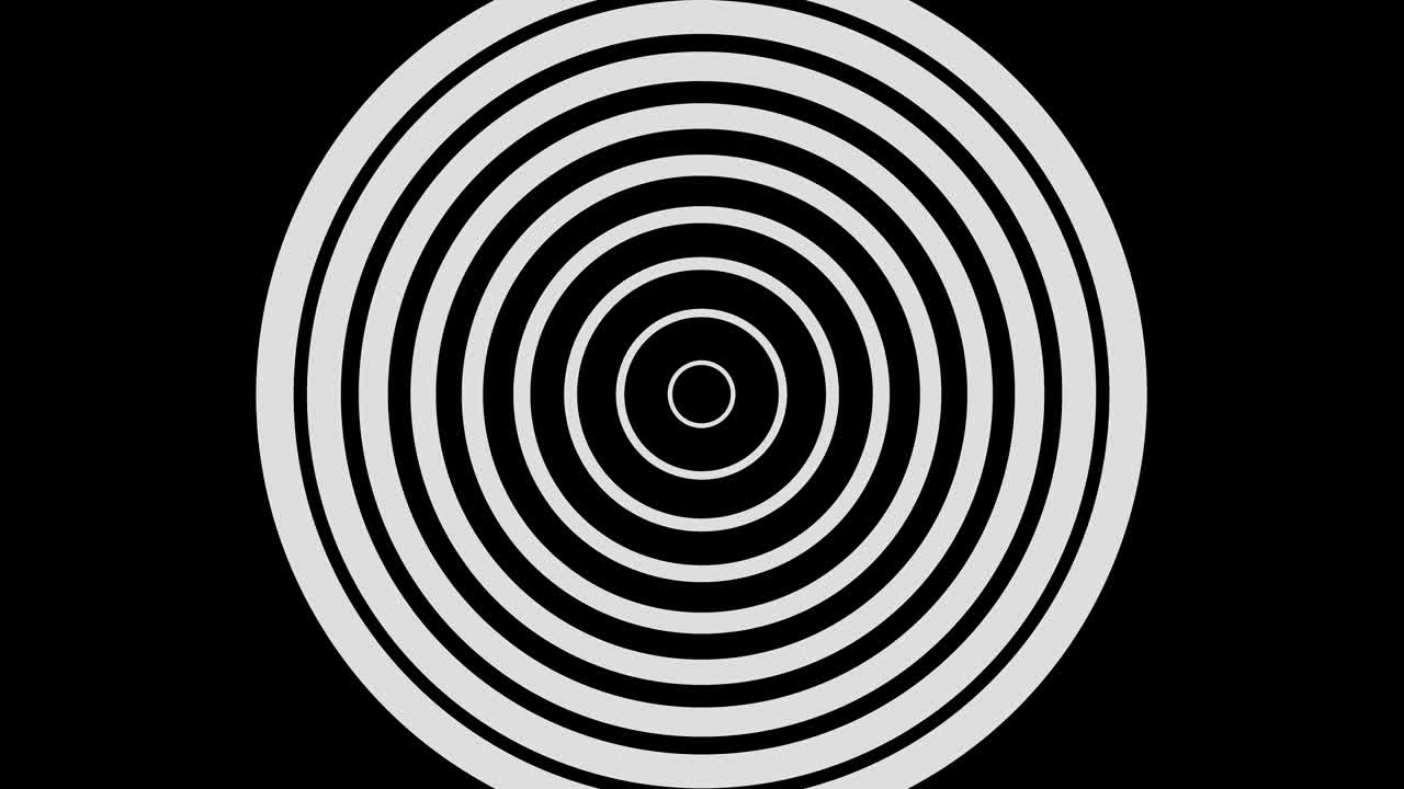 objeto gráfico en blanco y negro con efecto estroboscópico e hipnótico, que gira en el sentido de las agujas del reloj disminuyendo el tamaño de pantalla completa a desaparecer en el centro, en formato de video 16: 9
