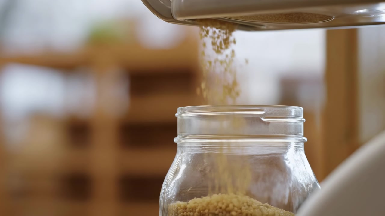 Close-up of grain or cereal flowing from a metal dispenser into a clear glass jar in a softly blurred indoor setting, showing food storage, filling
