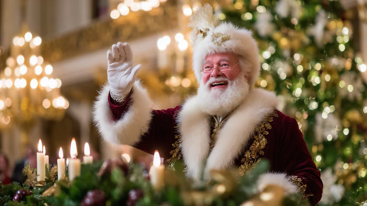 A Heartwarming Holiday Encounter with a Joyful Santa Claus, Surrounded by Festive Decorations and Warm Candles, Spreading Cheer and Joy to All in Attendence