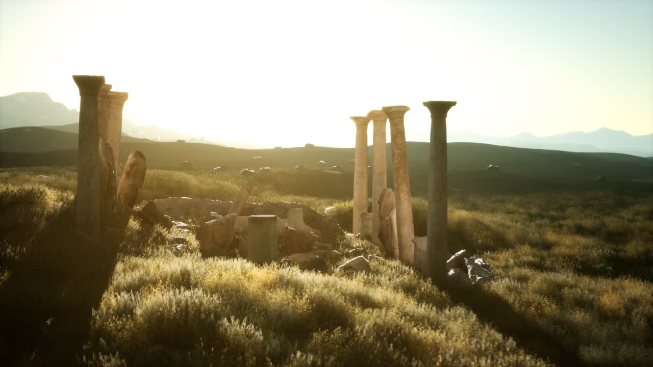 일몰 에 있는 옛 로마 사원 폐허