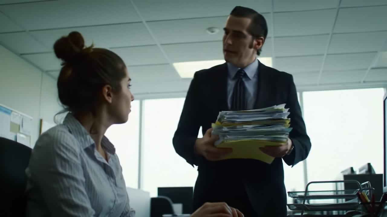 In a bustling office, a woman diligently types on her computer while a man walks towards her, carrying a stack of papers. The atmosphere is tense as deadlines loom.