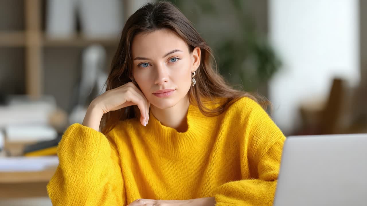 Una giovane donna pensierosa con un maglione giallo confortevole si ferma a riflettere su uno sfondo morbido e moderno, catturando un momento di contemplazione e serenità.